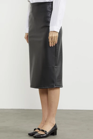 Diz Boy Suni Deri Etek - Siyah - Resim 5