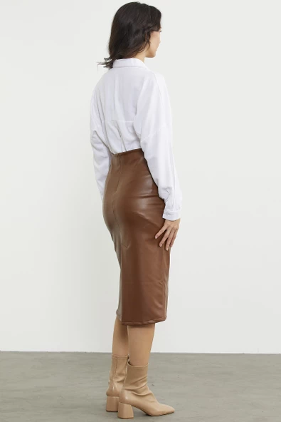 Diz Boy Suni Deri Etek - Kahve - Resim 5