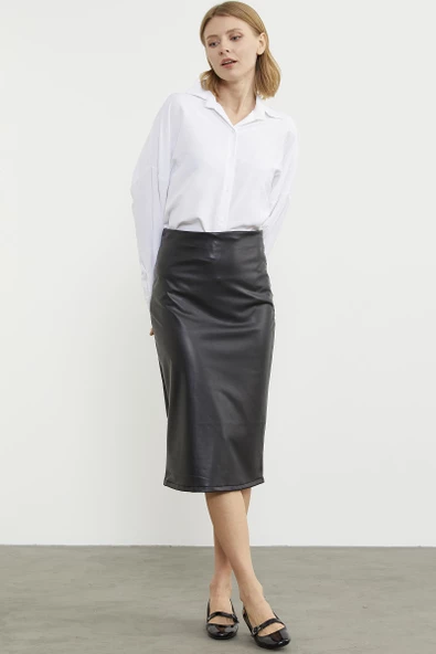 Diz Boy Suni Deri Etek - Siyah - Resim 2