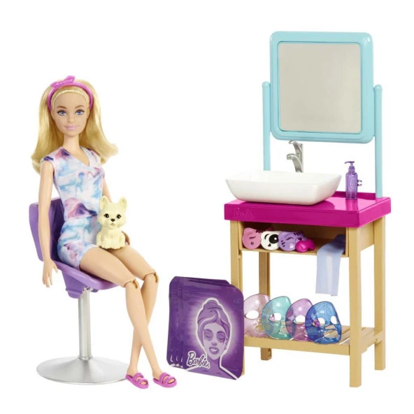 Barbie Wellness - Işıltı Dolu Spa Günü Oyun Seti, sarışın Barbie, 7 spa maskesi, lavabo, ayna, sandalyeyle birlikte 15ten fazla aksesuar, 3-7 yaş arası çocuklar için HCM82