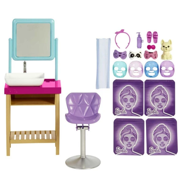 Barbie Wellness - Işıltı Dolu Spa Günü Oyun Seti, sarışın Barbie, 7 spa maskesi, lavabo, ayna, sandalyeyle birlikte 15ten fazla aksesuar, 3-7 yaş arası çocuklar için HCM82 - 2