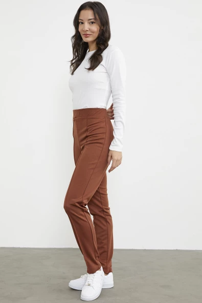 Yüksek Bel  Önü Dikişli Tayt - Kahve - Resim 5