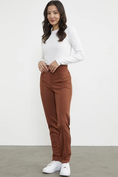 Yüksek Bel  Önü Dikişli Tayt - Kahve - Resim 3