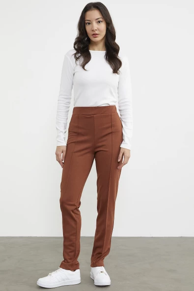 Yüksek Bel  Önü Dikişli Tayt - Kahve - Resim 2