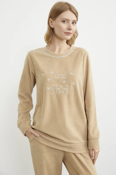 Nakış Detaylı Polar Pijama Takım - Kamel - Resim 4