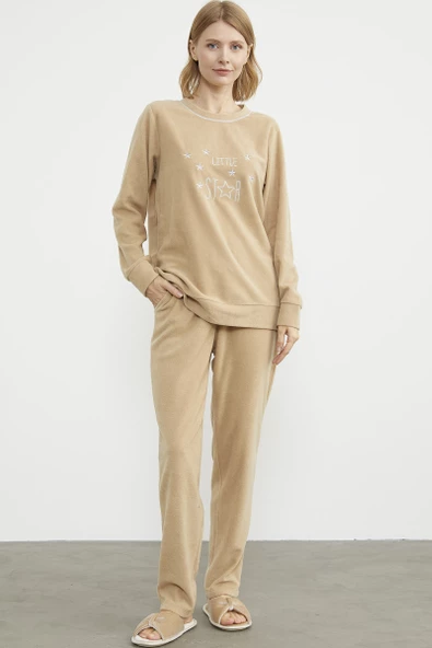 Nakış Detaylı Polar Pijama Takım - Kamel ürün görseli