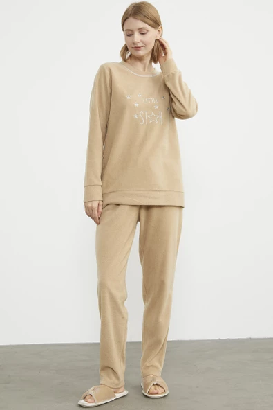 Nakış Detaylı Polar Pijama Takım - Kamel - Resim 3