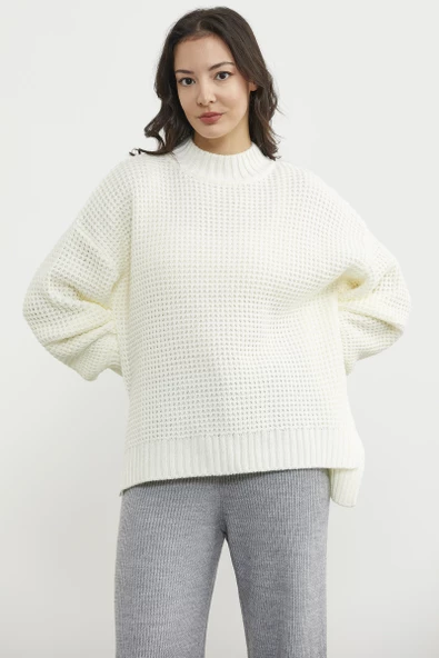 Arkası Uzun Salaş Triko Kazak - Kemik - Resim 2