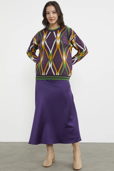 Renkli Baklava Desenli Yünlü Triko Kazak - Mor - Resim 3