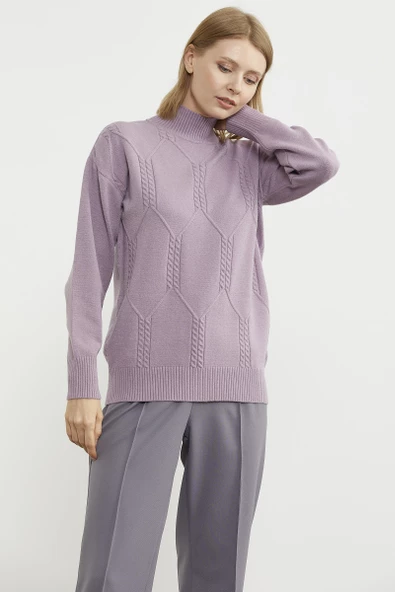 Yarım Balıkçı Desenli Basic Triko Kazak - Gül - Resim 2