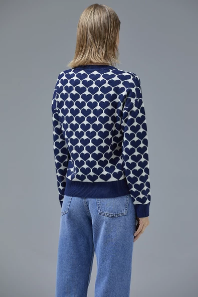 Kalp Desenli Sıfır Yaka Triko Kazak - Lacivert - Resim 6