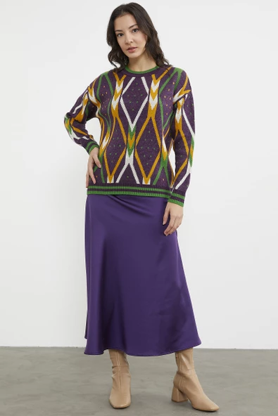 Renkli Baklava Desenli Yünlü Triko Kazak - Mor - Resim 5