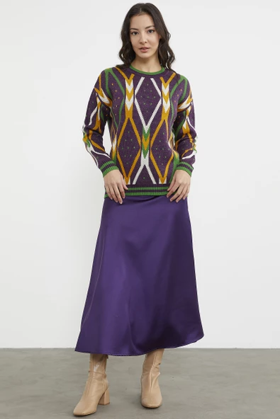 Renkli Baklava Desenli Yünlü Triko Kazak - Mor - Resim 2