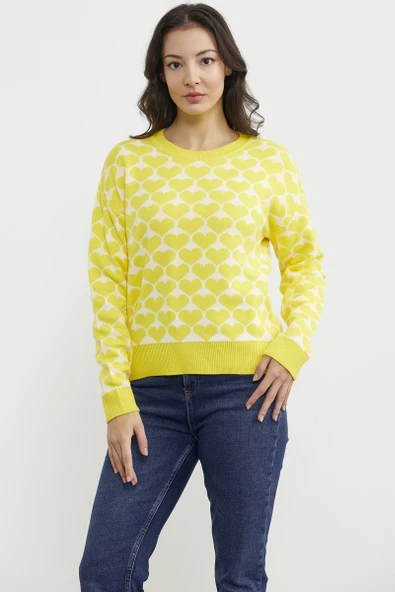 Kalp Desenli Sıfır Yaka Triko Kazak - Sarı - Resim 2