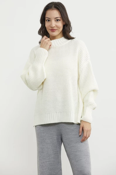 Arkası Uzun Salaş Triko Kazak - Kemik - Resim 3