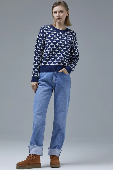 Kalp Desenli Sıfır Yaka Triko Kazak - Lacivert - Resim 2