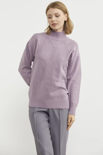 Yarım Balıkçı Desenli Basic Triko Kazak - Gül - Resim 3