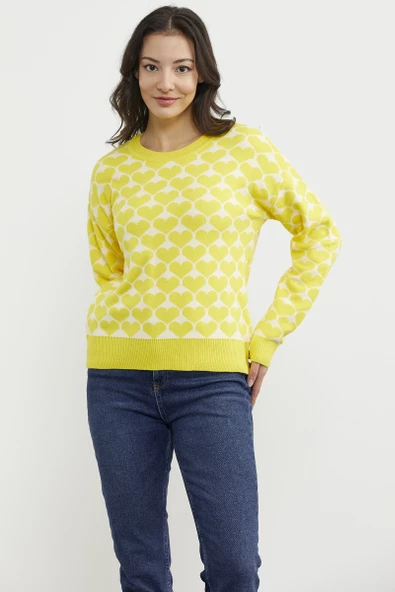 Kalp Desenli Sıfır Yaka Triko Kazak - Sarı - Resim 3