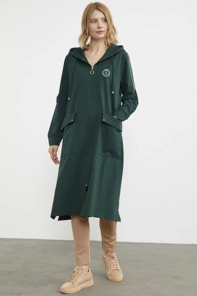 Cep Detaylı Tam Fermuarlı Kap - Yeşil - 3