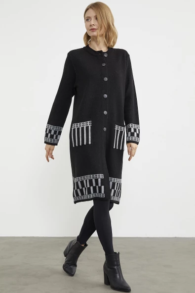 Kalın Dolu İğne Uzun Triko Hırka - Siyah - 3