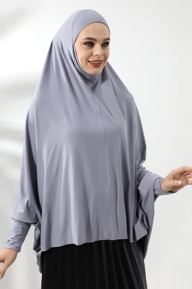 Gri Hazır Pratik Sultanbaş Tesettür Kollu Penye Sufle Eşarp Hijab - Resim 4