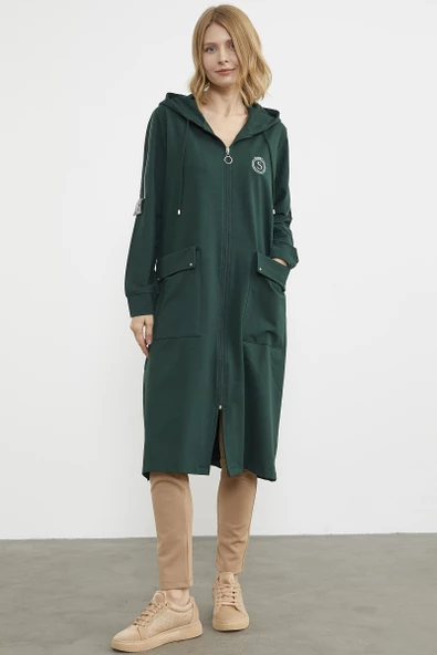 Cep Detaylı Tam Fermuarlı Kap - Yeşil - 5