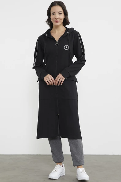 Cep Detaylı Tam Fermuarlı Kap - Siyah