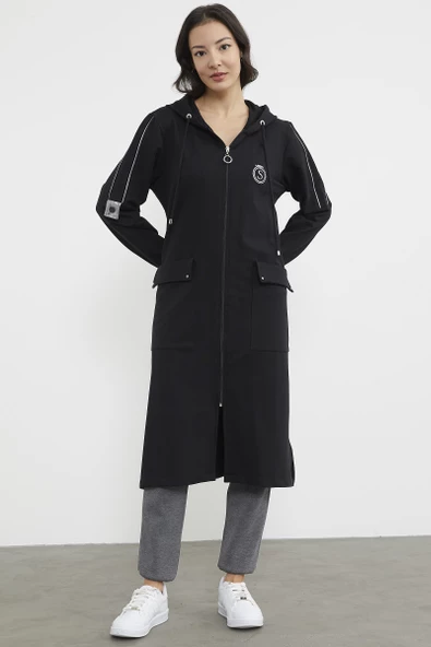 Cep Detaylı Tam Fermuarlı Kap - Siyah - 3