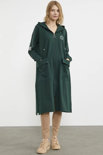 Cep Detaylı Tam Fermuarlı Kap - Yeşil