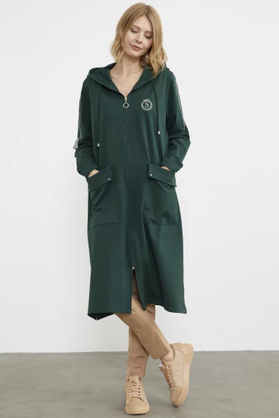 Cep Detaylı Tam Fermuarlı Kap - Yeşil - 4