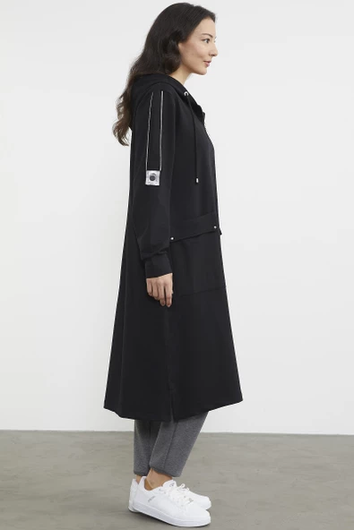 Cep Detaylı Tam Fermuarlı Kap - Siyah - 5