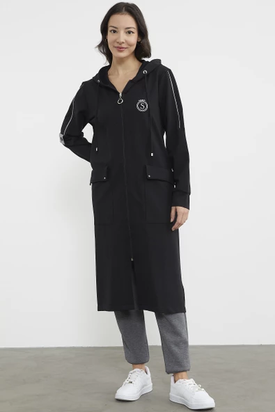 Cep Detaylı Tam Fermuarlı Kap - Siyah - 2