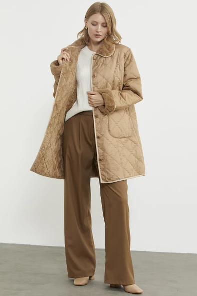 Düğmeli Kapitone İçi Peluş Mont - Koyu Bej - 6