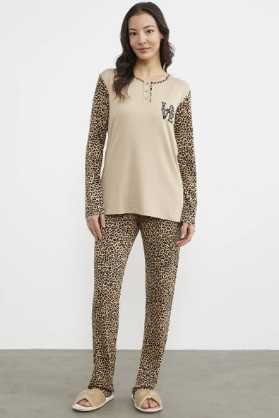 Leopar Düğmeli Yaka Pijama Takım - Bej ürün görseli 1