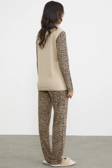 Leopar Düğmeli Yaka Pijama Takım - Bej - Resim 6