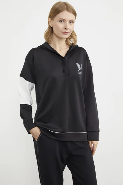 Kelebek Baskılı Oversize Scuba Eşofman Takım - Siyah - Resim 5