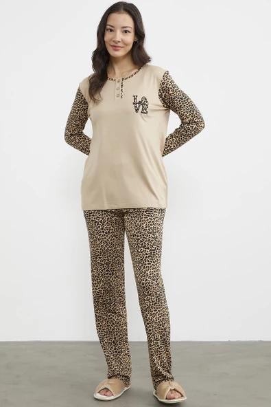 Leopar Düğmeli Yaka Pijama Takım - Bej - Resim 2