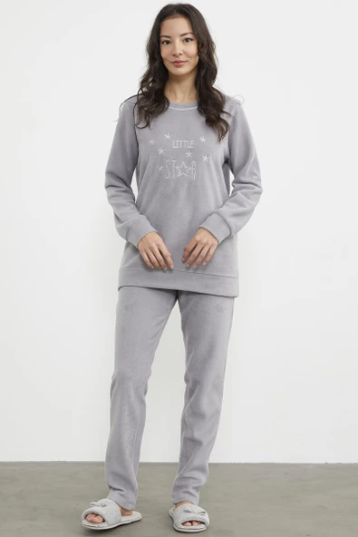 Nakış Detaylı Polar Pijama Takım - Gri - 2