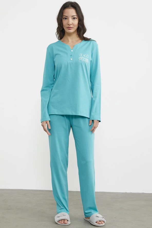 Açık Yaka Düğme Detaylı Pijama Takım - Mavi