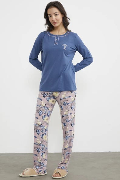 Düz Desenli Kombinli Pijama Takım - Indigo - Resim 3