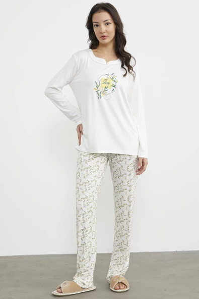 Çiçek Desenli Baskılı Pijama Takım - Ekru - 3