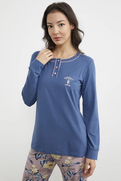 Düz Desenli Kombinli Pijama Takım - Indigo - Resim 5