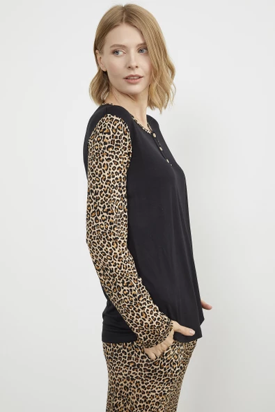 Leopar Düğmeli Yaka Pijama Takım - Siyah - 5
