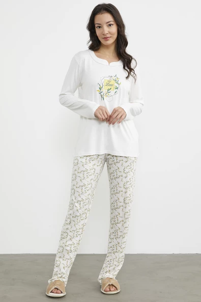 Çiçek Desenli Baskılı Pijama Takım - Ekru - 2