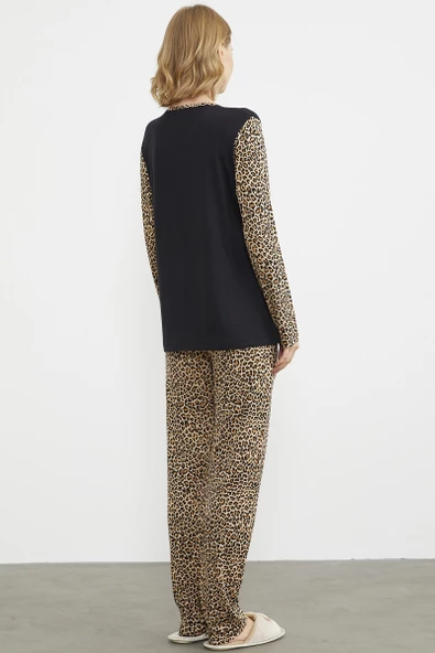Leopar Düğmeli Yaka Pijama Takım - Siyah - 6