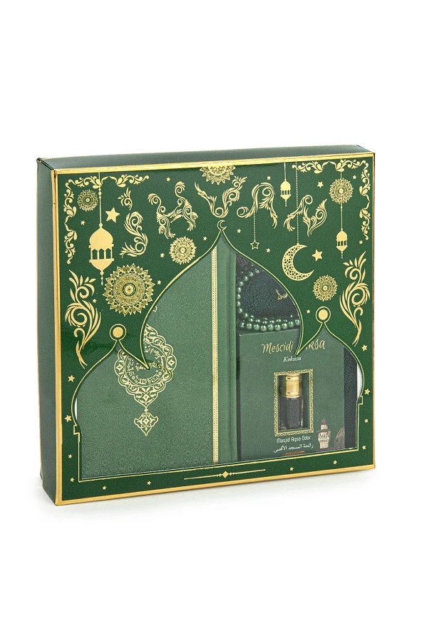 Damat Bohçasına Uygun Hediyelik Kuranı Kerim ve Çeyizlik Seccade Seti Yeşil - Resim 6