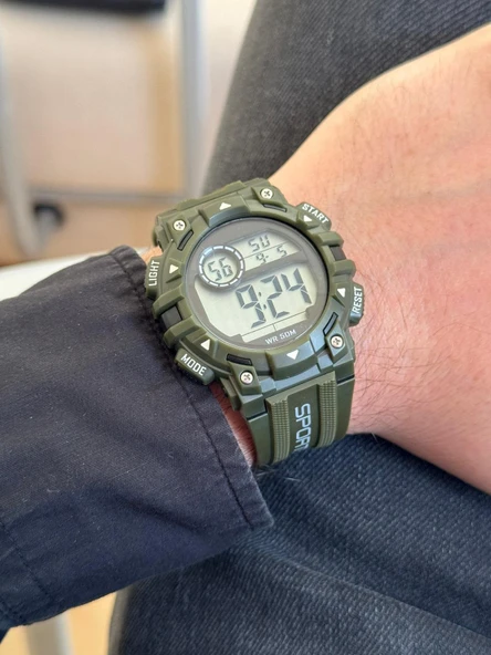 Dijital Su Geçirmez Asker Yeşili Genç Kol Saati SPEC000314 - Alarm, Kronometre, LED - 5