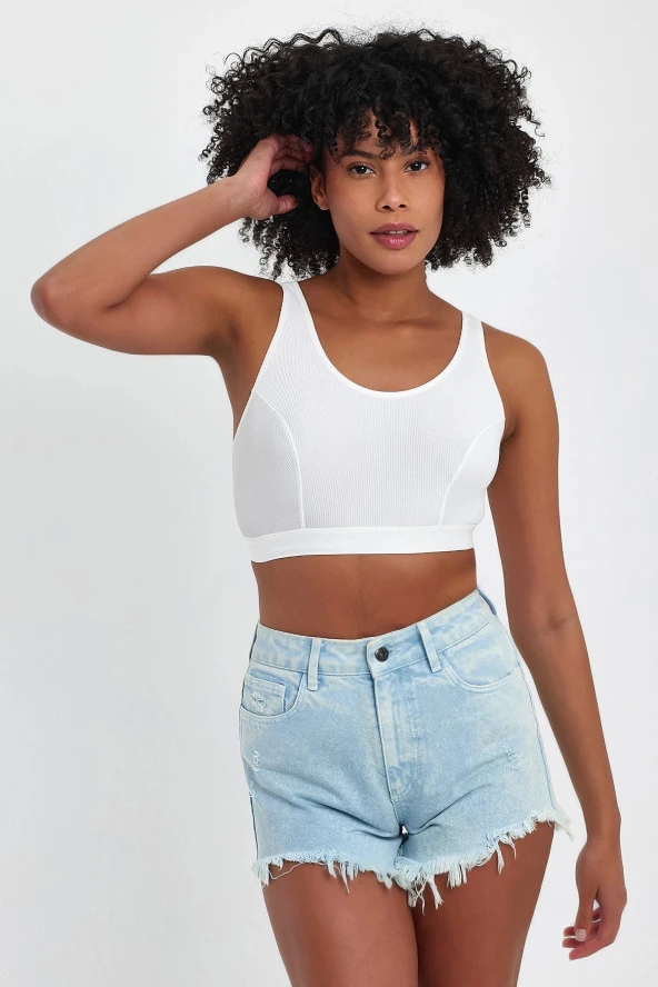 Basic Ekru Fitilli Mikro Kumaş Crop