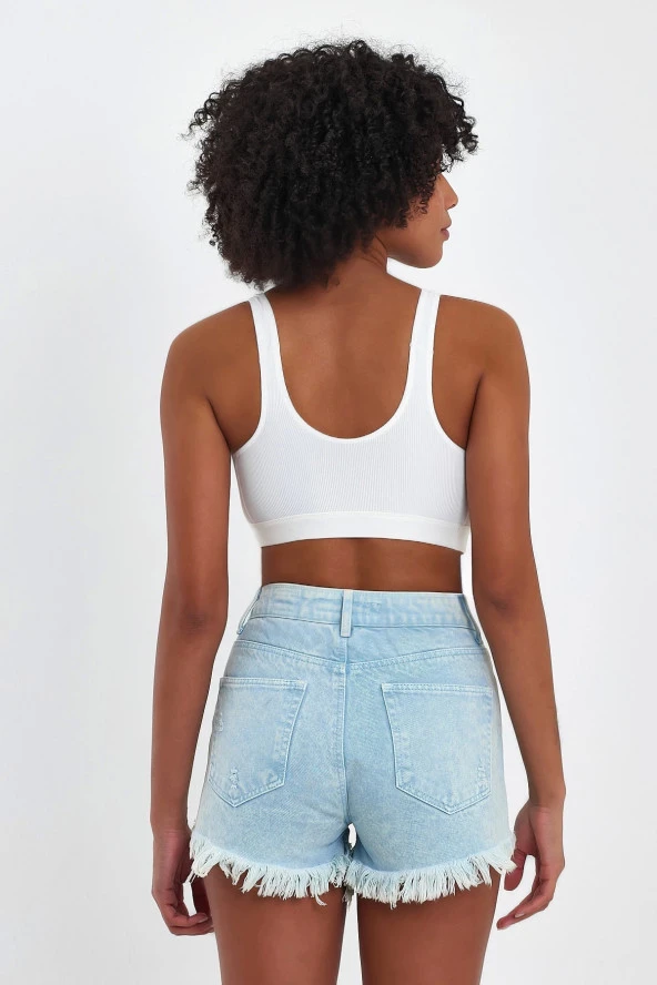 Basic Ekru Fitilli Mikro Kumaş Crop - 3