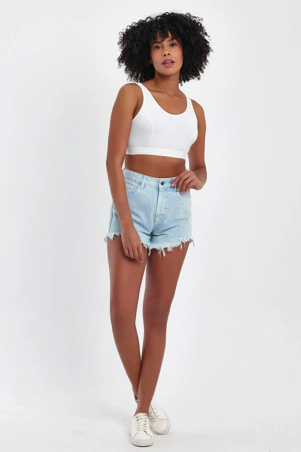 Basic Ekru Fitilli Mikro Kumaş Crop - 4